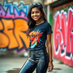 A trendy Indian teenage girl wearing snug latex pants and a stylish, fitted T-shirt