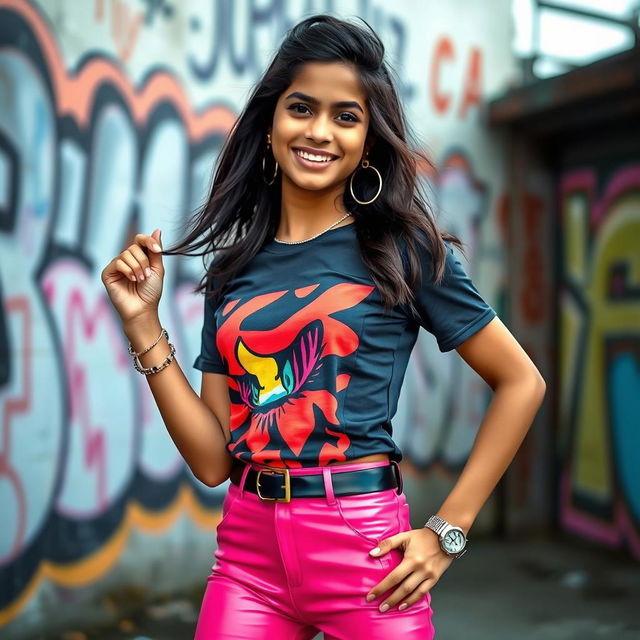 A trendy Indian teenage girl wearing snug latex pants and a stylish, fitted T-shirt