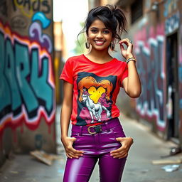 A trendy Indian teenage girl wearing snug latex pants and a stylish, fitted T-shirt