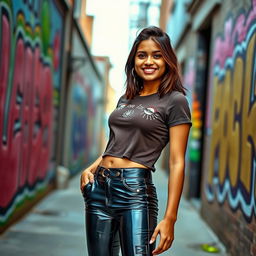 A confident Indian teenage girl wearing sleek tight vinyl pants paired with a stylish top