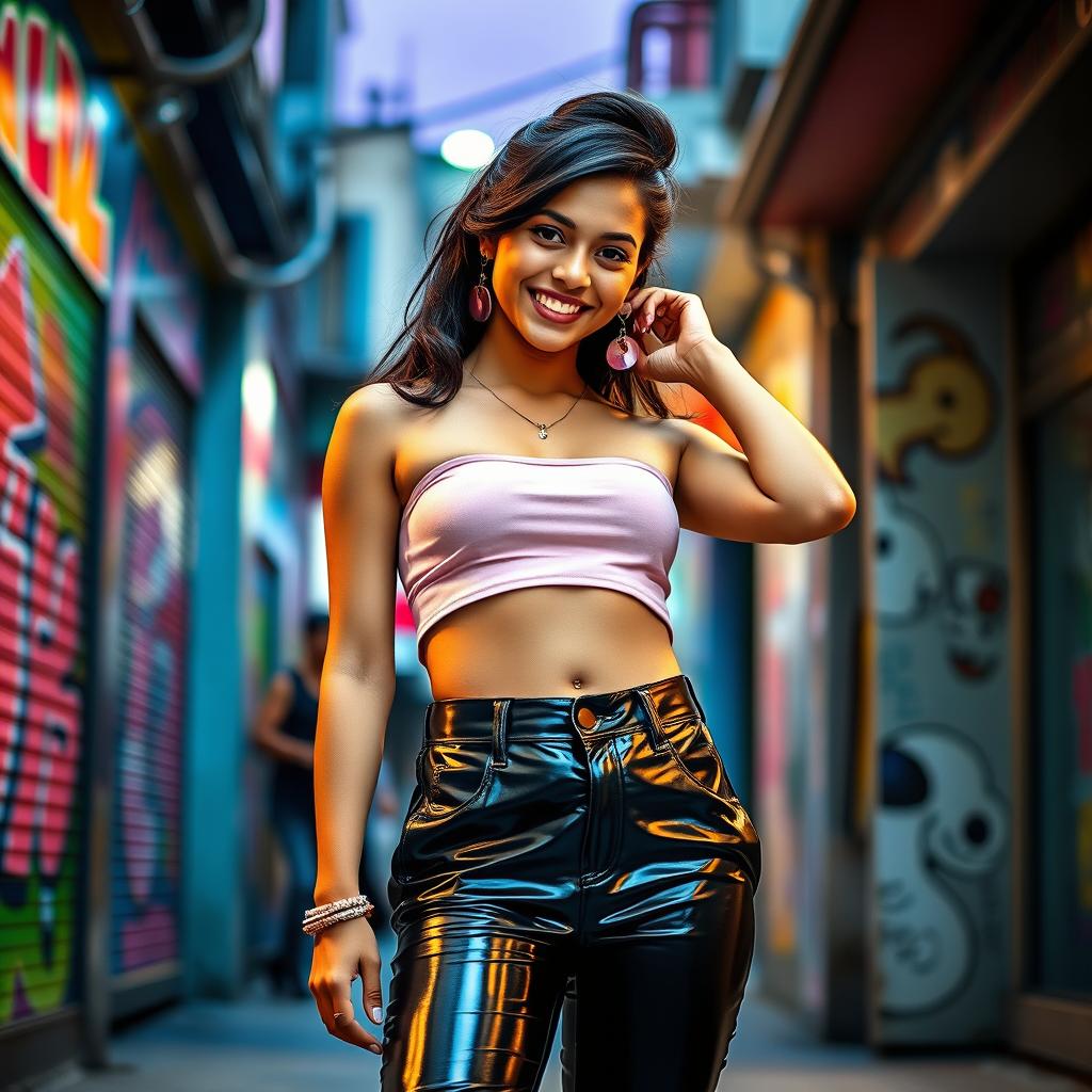 A fashionable Indian teenage girl wearing tight vinyl pants that hug her figure, paired with a stylish crop top that shows off her navel piercing