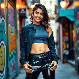 A fashionable Indian teenage girl wearing tight vinyl pants that hug her figure, paired with a stylish crop top that shows off her navel piercing