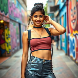 A fashionable Indian teenage girl wearing tight vinyl pants that hug her figure, paired with a stylish crop top that shows off her navel piercing