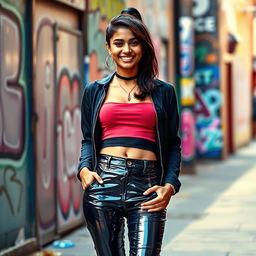 A fashionable Indian teenage girl wearing tight vinyl pants that hug her figure, paired with a stylish crop top that reveals her navel piercing
