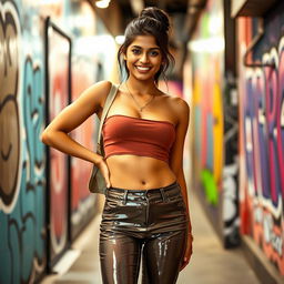 A fashionable Indian teenage girl wearing tight vinyl pants that hug her figure, paired with a stylish crop top that reveals her navel piercing