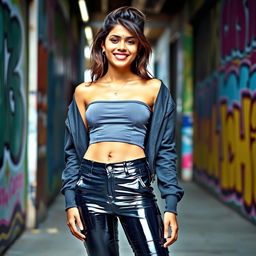 A fashionable Indian teenage girl wearing tight vinyl pants that hug her figure, paired with a stylish crop top that reveals her navel piercing