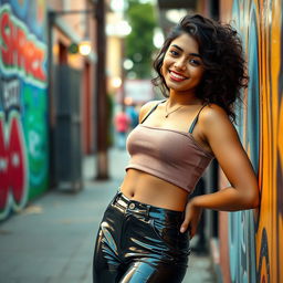 A fashionable Indian teenage girl wearing tight vinyl pants that hug her figure, paired with a stylish crop top that accentuates her look