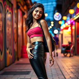 A fashionable Indian teenage girl wearing tight vinyl pants that hug her figure, paired with a stylish crop top that accentuates her look