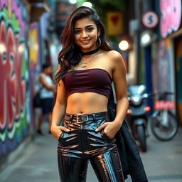 A fashionable Indian teenage girl wearing tight vinyl pants that hug her figure, paired with a stylish crop top that accentuates her look