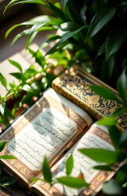 An ornate holy book, richly decorated with intricate gold leaf detailing on the cover, surrounded by lush green plants, with light shining softly on its pages