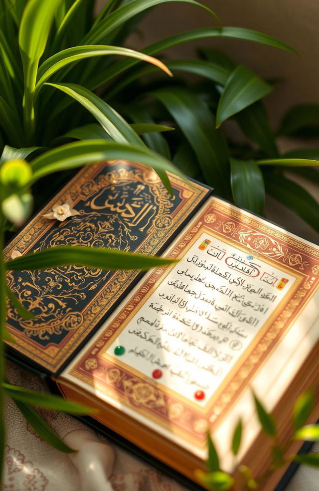 An ornate holy book, richly decorated with intricate gold leaf detailing on the cover, surrounded by lush green plants, with light shining softly on its pages