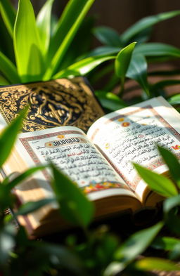 An ornate holy book, richly decorated with intricate gold leaf detailing on the cover, surrounded by lush green plants, with light shining softly on its pages