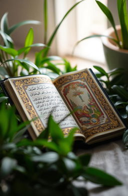 An ornate holy book, richly decorated with intricate gold leaf detailing on the cover, surrounded by lush green plants, with light shining softly on its pages
