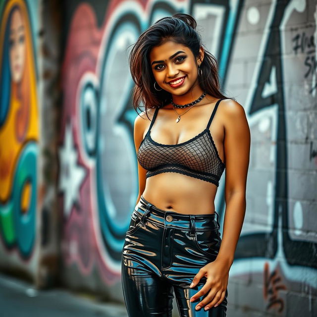 A fashionable Indian girl wearing tight vinyl pants that accentuate her figure, combined with a stylish net bra that reveals her navel piercing and adds a touch of modern flair to her outfit