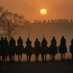 King Alex and his 10,000 horsemen, victorious and proud, return to their village. Their figures, now silhouetted by the setting sun, bring with them an air of triumph as they approach the familiar sights of home.