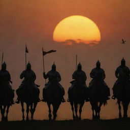 King Alex and his 10,000 horsemen, victorious and proud, return to their village. Their figures, now silhouetted by the setting sun, bring with them an air of triumph as they approach the familiar sights of home.