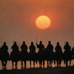 King Alex and his 10,000 horsemen, victorious and proud, return to their village. Their figures, now silhouetted by the setting sun, bring with them an air of triumph as they approach the familiar sights of home.