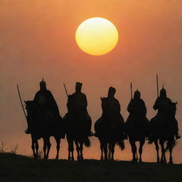 King Alex and his 10,000 horsemen, victorious and proud, return to their village. Their figures, now silhouetted by the setting sun, bring with them an air of triumph as they approach the familiar sights of home.