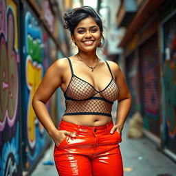 A stylish Indian teenage girl with a chubby figure wearing tight vinyl pants that flatter her shape, along with a trendy net bra that reveals her navel piercing