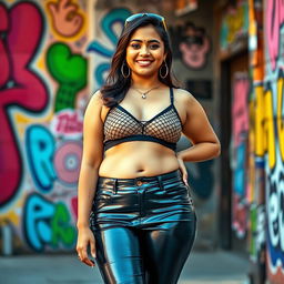 A stylish Indian teenage girl with a chubby figure wearing tight vinyl pants that flatter her shape, along with a trendy net bra that reveals her navel piercing