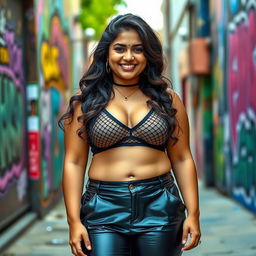 A stylish Indian teenage girl with a chubby figure wearing tight vinyl pants that flatter her shape, along with a trendy net bra that reveals her navel piercing