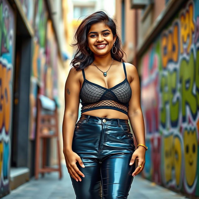 A stylish Indian teenage girl with a chubby figure wearing tight vinyl pants that flatter her shape, along with a trendy net bra that reveals her navel piercing