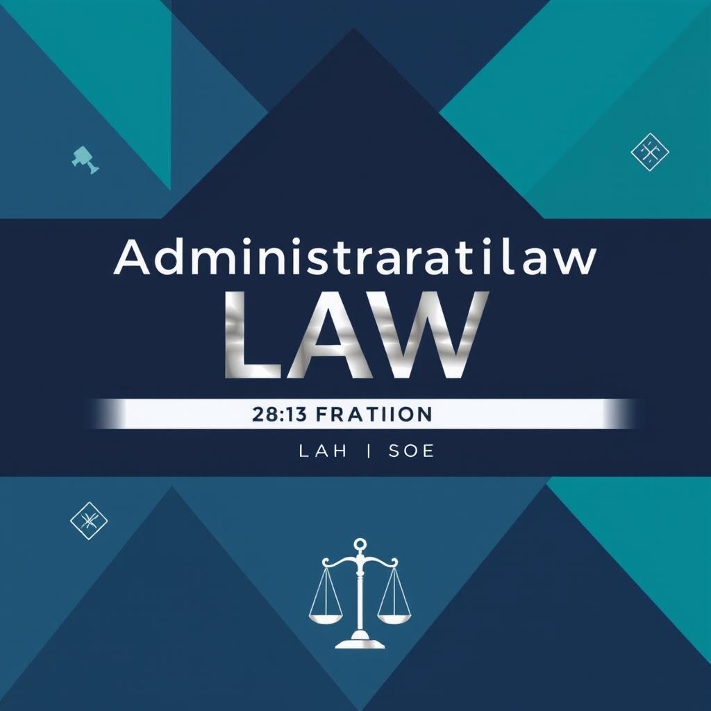 A cool and contemporary book cover design for an administrative law textbook, featuring an abstract geometric pattern in shades of navy blue and teal, symbolizing structure and order