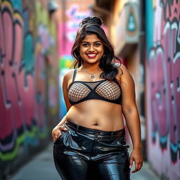 A confident Indian teenage girl with a chubby figure wearing tight vinyl pants that highlight her shape, paired with an edgy net bra that showcases her navel piercing