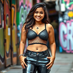A confident Indian teenage girl with a chubby figure wearing tight vinyl pants that highlight her shape, paired with an edgy net bra that showcases her navel piercing