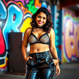 A confident Indian teenage girl with a chubby figure wearing tight vinyl pants that highlight her shape, paired with an edgy net bra that showcases her navel piercing