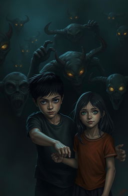 A dark, eerie background filled with ominous, otherworldly monsters lurking in the shadows, their eyes glowing with an unsettling light