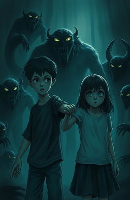 A dark, eerie background filled with ominous, otherworldly monsters lurking in the shadows, their eyes glowing with an unsettling light