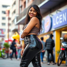 A cheerful Indian teenage girl with a chubby figure dressed in stylish tight vinyl pants that beautifully showcase her shape