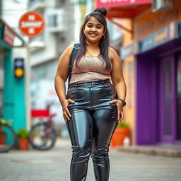 A cheerful Indian teenage girl with a chubby figure dressed in stylish tight vinyl pants that beautifully showcase her shape