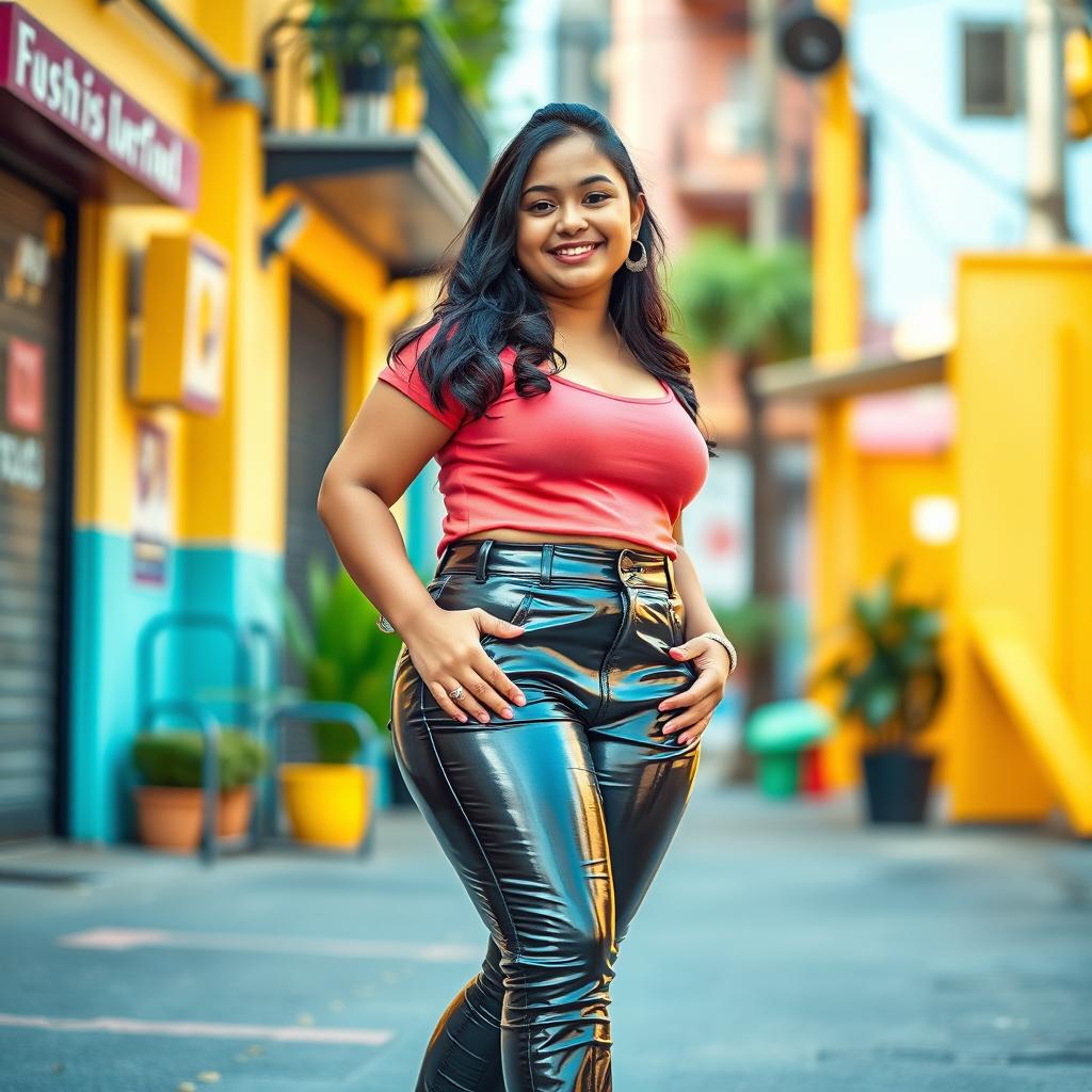 A cheerful Indian teenage girl with a chubby figure dressed in stylish tight vinyl pants that beautifully showcase her shape