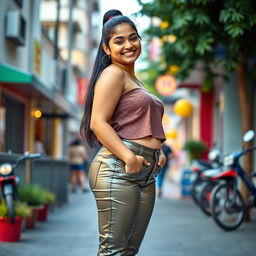 A cheerful Indian teenage girl with a chubby figure dressed in stylish tight vinyl pants that beautifully showcase her shape