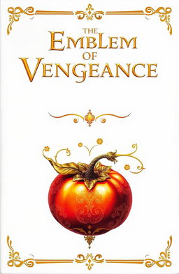 A fantasy book cover titled 'The Emblem of Vengeance' in elegant, ornate gold lettering, set against a pure white background