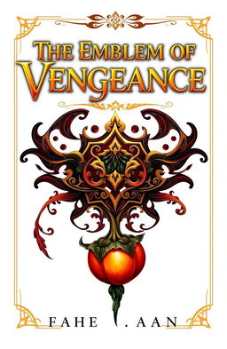 A fantasy book cover titled 'The Emblem of Vengeance' in elegant, ornate gold lettering, set against a pure white background