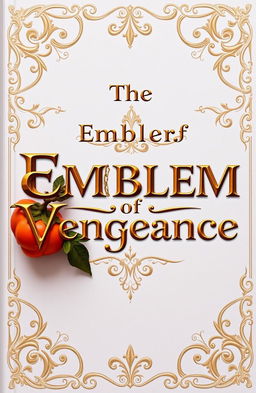 A fantasy book cover titled "The Emblem of Vengeance" prominently displayed in ornate gold lettering