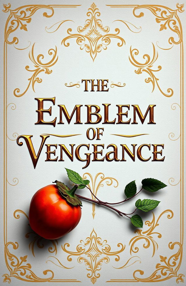 A fantasy book cover titled "The Emblem of Vengeance" prominently displayed in ornate gold lettering