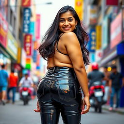 A cheerful Indian teenage girl with a chubby figure wearing tight vinyl pants, showcasing her back as she stands in a vibrant urban environment