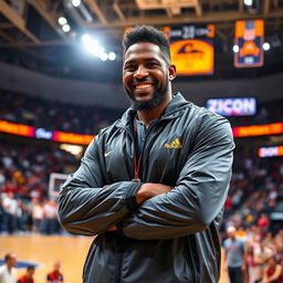 A charismatic basketball coach named Zion, standing confidently on the court