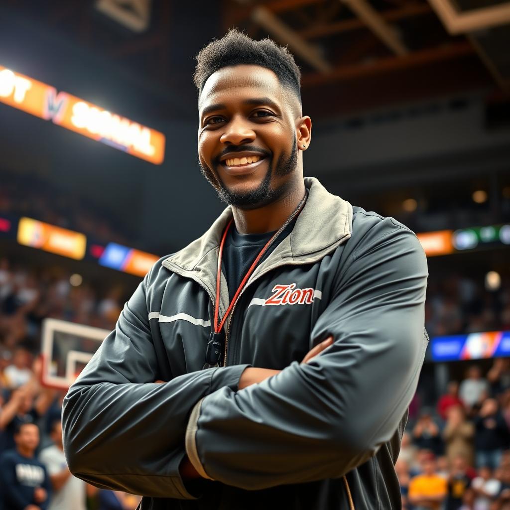 A charismatic basketball coach named Zion, standing confidently on the court