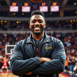A charismatic basketball coach named Zion, standing confidently on the court