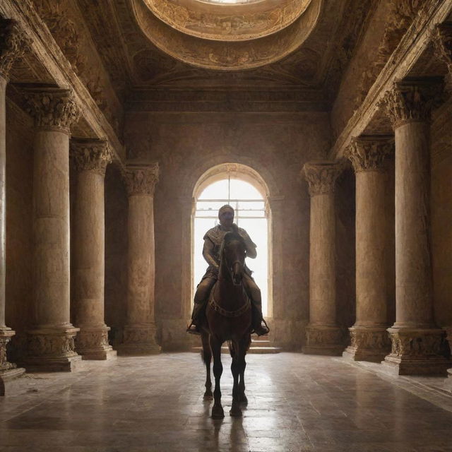 Inside the opulent Roman palace, the Roman king, in a fit of rage, strikes his horseman. The tension in the air is palpable as the sound of the blow echoes through the grand throne room adorned with imposing Roman architecture.