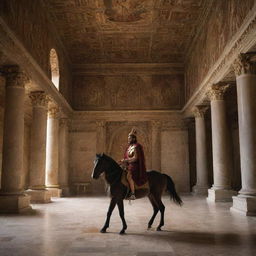 Inside the opulent Roman palace, the Roman king, in a fit of rage, strikes his horseman. The tension in the air is palpable as the sound of the blow echoes through the grand throne room adorned with imposing Roman architecture.