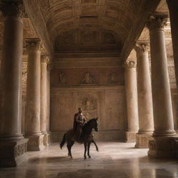 Inside the opulent Roman palace, the Roman king, in a fit of rage, strikes his horseman. The tension in the air is palpable as the sound of the blow echoes through the grand throne room adorned with imposing Roman architecture.