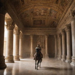 Inside the opulent Roman palace, the Roman king, in a fit of rage, strikes his horseman. The tension in the air is palpable as the sound of the blow echoes through the grand throne room adorned with imposing Roman architecture.