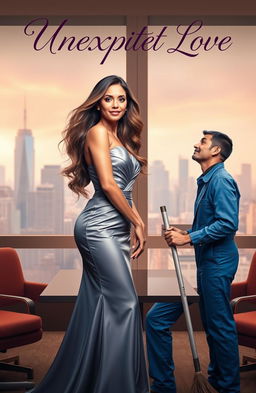A captivating book cover for a romance novel titled 'Unexpected Love', featuring a glamorous billionaire woman and a humble male janitor