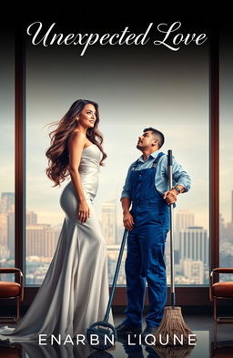 A captivating book cover for a romance novel titled 'Unexpected Love', featuring a glamorous billionaire woman and a humble male janitor